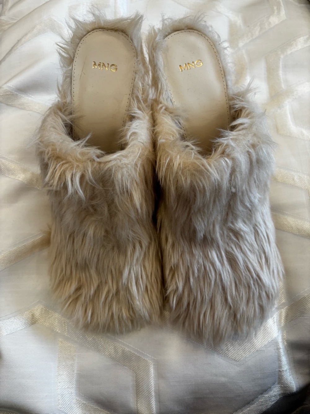 Mango Faux Fur Slide Mules in Light Tan